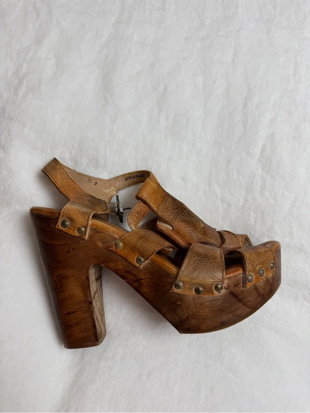 Bed|Stu Leather Wooden Platform Clog Heels Sandals Size 10 Y2K Boho Festival